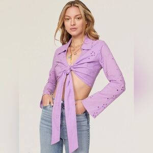 Ashley Park Purple Eyelet Cotton Tie-Front Long Sleeves Crop Top Size 8